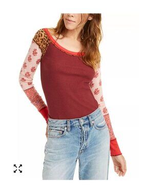 Free People We The Free Bright Side Mixed Print Thermal Top L Vino Combo FLAW